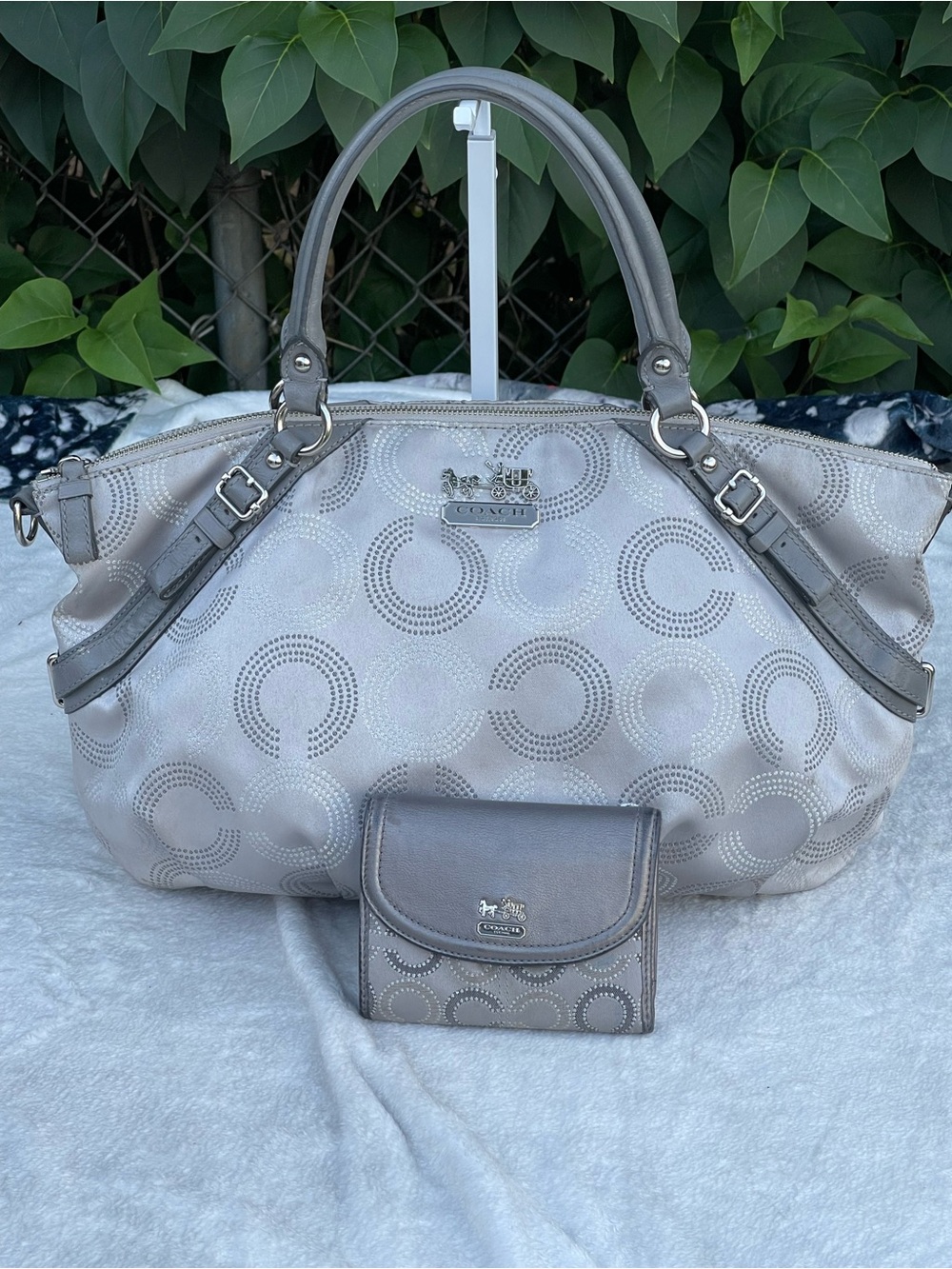 Coach Madison Dotted OP Art Sophia Satchel Gray Satchel with matching Wallet